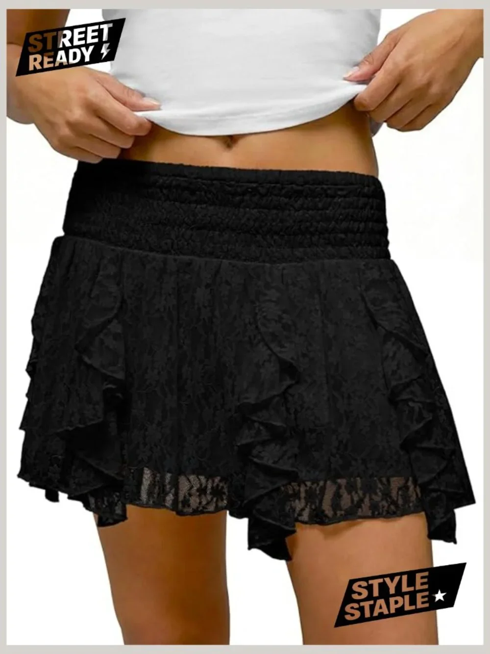 Lace Mini Skort High Waisted Pleated Mesh Ruffle A-Line Skirt with Shorts